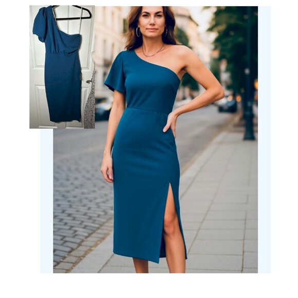 Lulu's Teal One-Shoulder Midi Dress - Picture 1 of 9